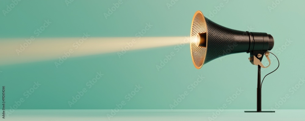 Poster vintage megaphone projecting light in a modern setting, symbolizing communication and amplification 