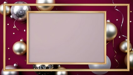 Holiday-themed design featuring a central gold frame with Christmas baubles and confetti, ideal for party invitations or seasonal event posters.