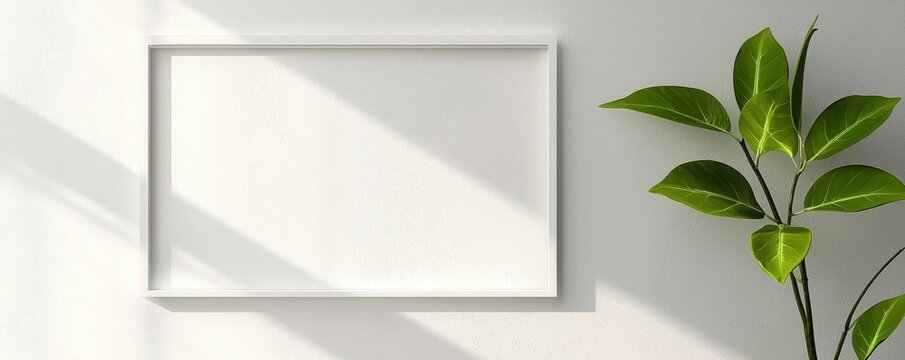 A blank picture frame on a wall next to a green plant, casting soft shadows in natural light, perfect for home decor themes.