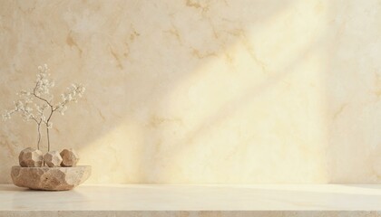 Minimalist Interior with Beige Marble Wall: Empty Shelf with Sunlight