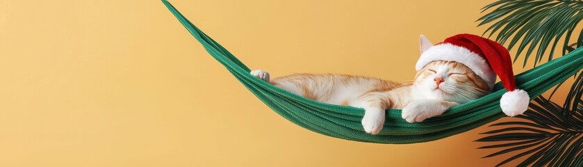 A cute cat wearing a Santa hat comfortably sleeps in a green hammock against a colorful backdrop. Perfect for holiday themes.