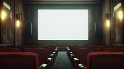 Classic cinema hall with maroon seats, wooden walls, and a blank white screen. AI-generated, no people, no logos.