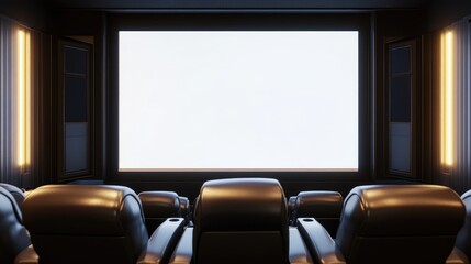 Elegant movie theater with leather recliner seats and a blank white screen. AI-generated, no people, no logos.
