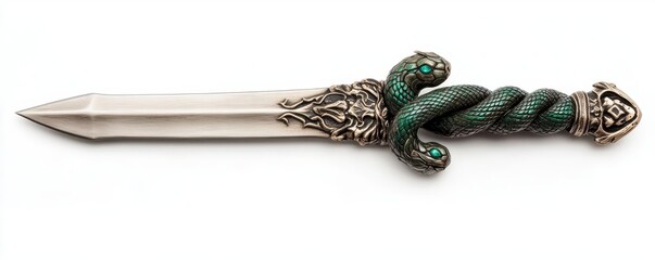 An ornate dagger with a snake-shaped handle, featuring intricate silver and green details, perfect for fantasy themes.