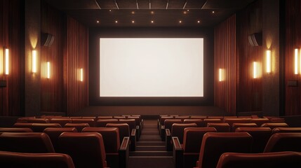Fototapeta premium Cozy movie theater interior with dim lighting, brown seats, and a large blank white screen. No people, no logos.