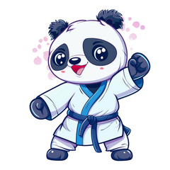 A cute panda bear wearing a white karate uniform with a black belt, smiling and striking a fighting pose.