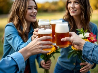 Group of four young Caucasian women Drinking party celebrating birthday or special event. Beer party with group of friends in the park. Bouquet of summer flowers and beverage in the backyard.
