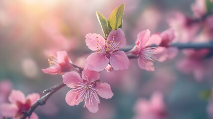 Obraz premium Pink Blossoms Branch in Spring Sun