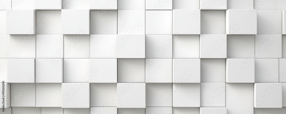 Poster a modern abstract design featuring a textured wall of white, square tiles arranged in a captivating 