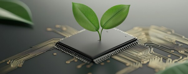 A microchip with a green plant sprouting, symbolizing the fusion of technology and nature, showcasing innovation and sustainability.