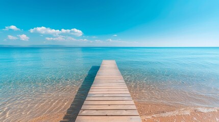Fototapeta premium Beach with a pier extending into the sea, calm waters, clear sky
