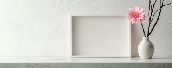 A minimalist scene featuring a blank frame, a pink flower in a vase, and a clean white background, ideal for modern decor.