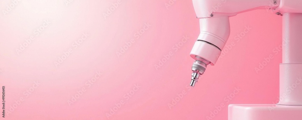 Poster a modern robotic arm with a sleek design, ideal for automation and precision tasks against a soft pi