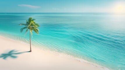 Obraz premium Quiet beach with a lone palm tree, turquoise water, sunny day