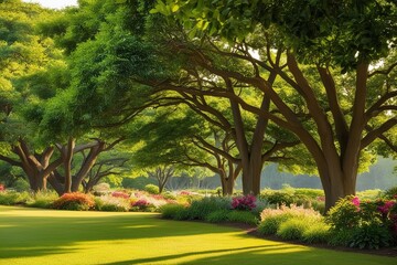 Fototapeta premium Lush Trees Vibrant Flora and Soft Sunlight in Nature Reserve for Stunning Summer Garden Background
