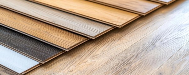 Naklejka premium A variety of wooden floor samples showcasing different colors and finishes, ideal for interior design inspiration.