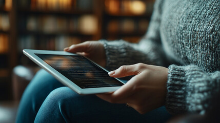 hands holding a scroll on a tablet in a cozy living room, symbolizing the fusion of traditional knowledge and modern technology, showcasing how we bridge the past and present in our daily lives