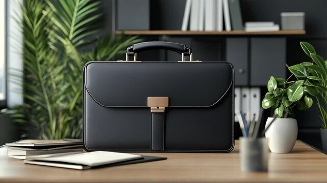 A black leather briefcase sits on a wooden desk in a modern office