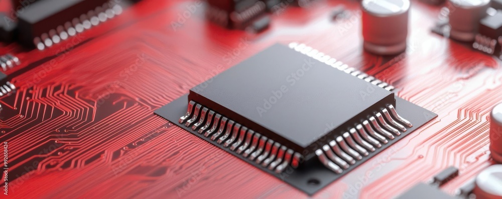 Poster microchip on a vibrant red circuit board, showcasing intricate electronic components and detailed ci