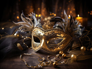 Golden Venetian Mask with Feathers and Decorations