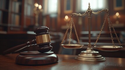 A wooden gavel and a golden scale of justice on a table in a courtroom.