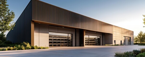 Modern industrial building exterior with large doors and sleek design surrounded by greenery under clear blue sky.