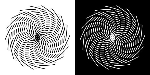 Abstract background with abstract line pattern in circles. Spiral art design as a logo or icon. A black figure on a white background and the same white figure on a black side. Mandala design with line