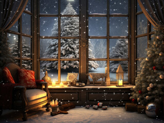 Obraz premium Cozy Winter Scene with Christmas Tree and Snowy Landscape