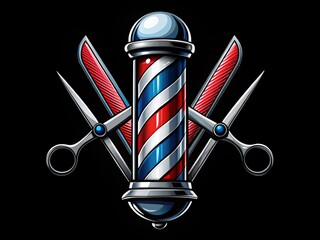 A trendy barber shop vector logo that elegantly combines scissors, a razor, and classic barber pole elements,