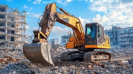 Excavator at a Demolished Building Site