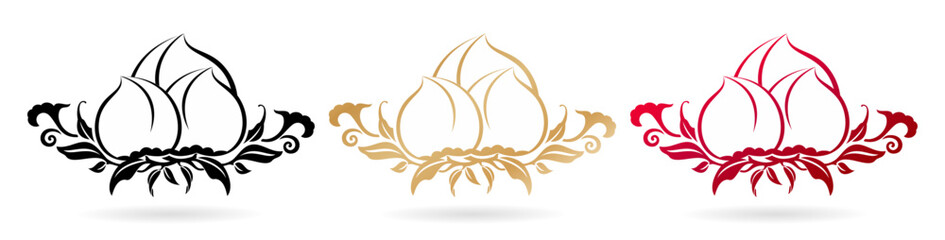 three set colors designs Fruit peach floral ornament isolated white backgrounds