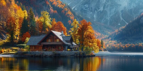 Fototapeta premium A rustic wooden home near a shimmering lake, set against a backdrop of vibrant fall foliage and towering mountains, all illuminated by the autumn sun.