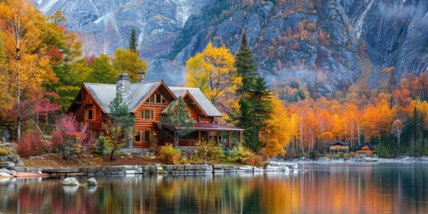 Fototapeta premium A rustic wooden home near a shimmering lake, set against a backdrop of vibrant fall foliage and towering mountains, all illuminated by the autumn sun.
