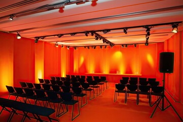 Dynamic Orange Event Space with Vibrant Lighting and Shadow Play