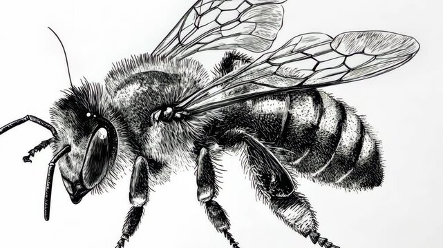 A detailed pen and ink drawing of a bee with its wings outstretched
