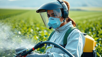 Naklejka premium Pest control images, Woman in Full Protective Suit Spraying for Sterilization and Hygiene Control