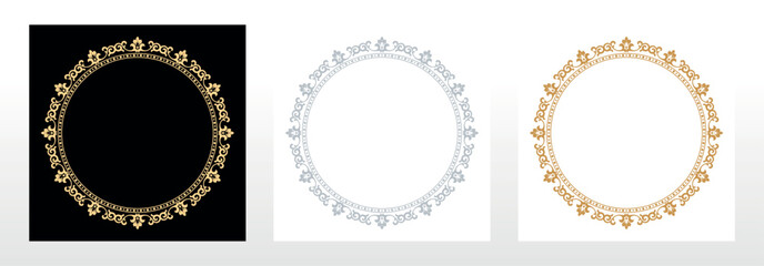 Set of decorative frames Elegant vector element for design in Eastern style, place for text. Floral black, golden and gray borders. Lace illustration for invitations and greeting cards