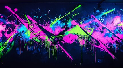 Blacklight graffiti wall, glowing fluorescent colors