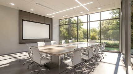A modern conference room with large windows overlooking a lush green landscape.