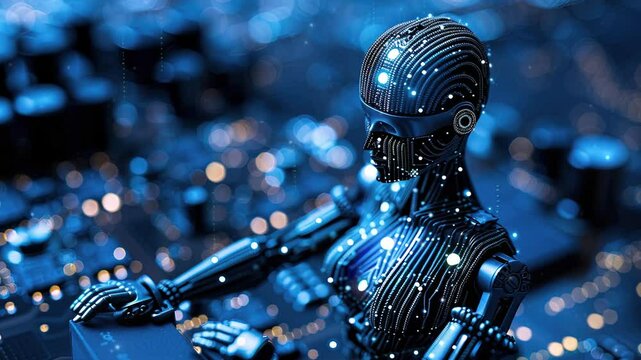 Android robot in circuit board, symbolizing technology AI