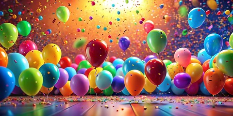 Bright and cheerful birthday party background adorned with confetti and balloons, ideal for festive events, bringing