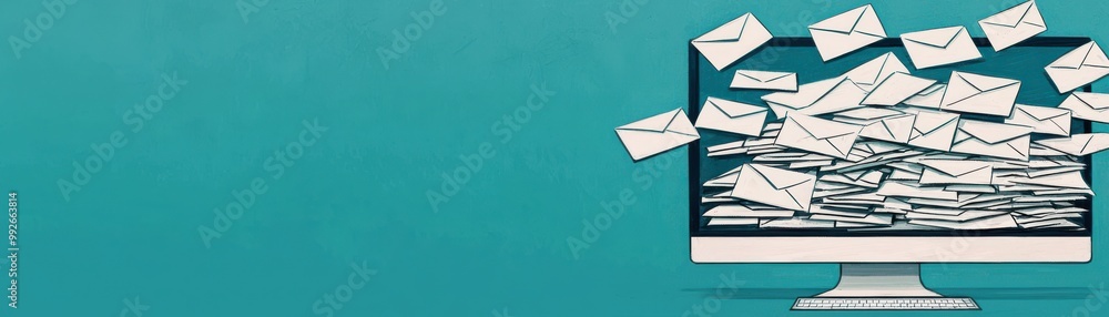 Poster a digital illustration of a computer screen overloaded with emails, symbolizing communication and di
