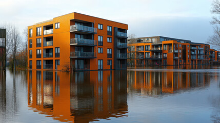 Naklejka premium Flooded modern apartment complex with reflections in water, showcasing contemporary architecture and vibrant orange facades. serene water creates striking visual contrast