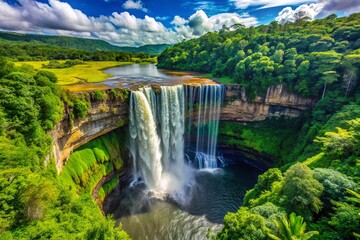 Cascading waters tumble over lush foliage in a tropical setting, embraced by nature’s splendor, creating a mesmerizing