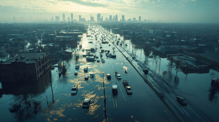 Obraz premium Aerial view of flooded metropolis with submerged highways and cars, showcasing impact of severe flooding on urban infrastructure. scene evokes sense of urgency and concern for affected areas