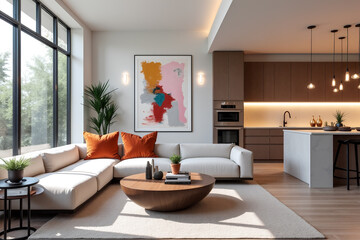 A stylish living room showcases a white sectional sofa adorned with orange pillows, complemented by artistic wall decor - Generative AI