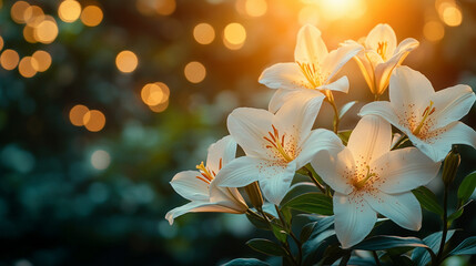 Naklejka premium white flowers set against a soft bokeh background. The delicate blooms evoke feelings of purity, peace, and elegance, making it ideal for romantic or contemplative themes