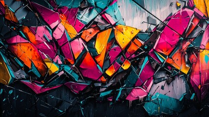 Graffiti wall with shattered glass effects, abstract street art blending with broken mirror patterns