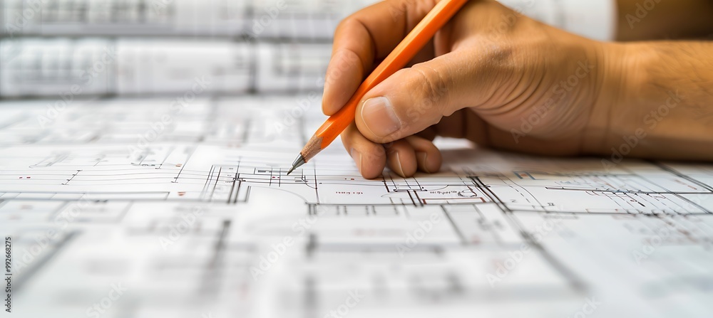 Poster an architect meticulously crafting detailed blueprints for an innovative building design, bringing v