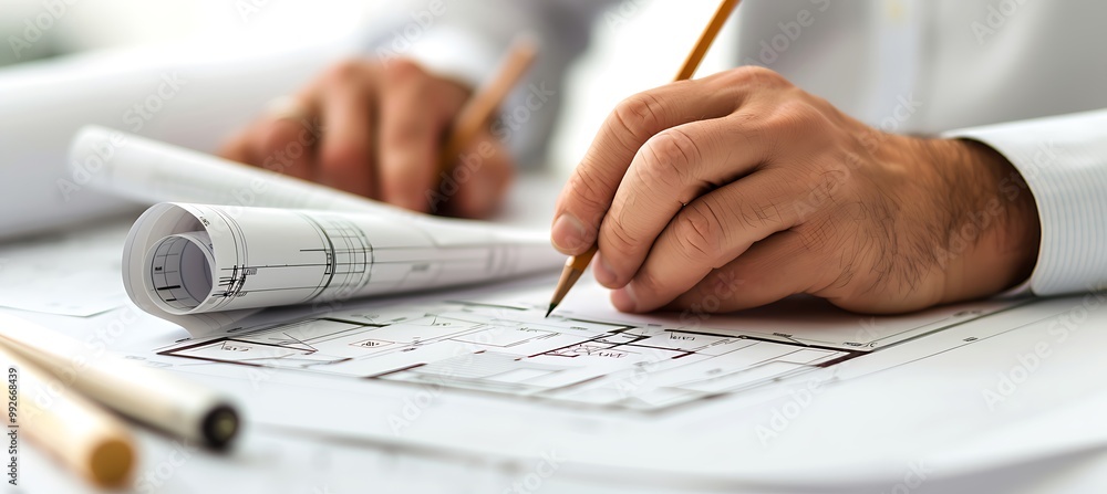 Poster an architect meticulously crafting detailed blueprints for an innovative building design, bringing v